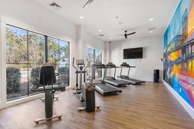 gym with wood-type flooring and ceiling fan