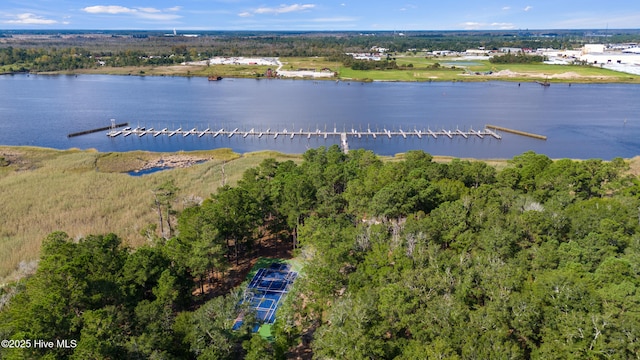 drone / aerial view featuring a water view