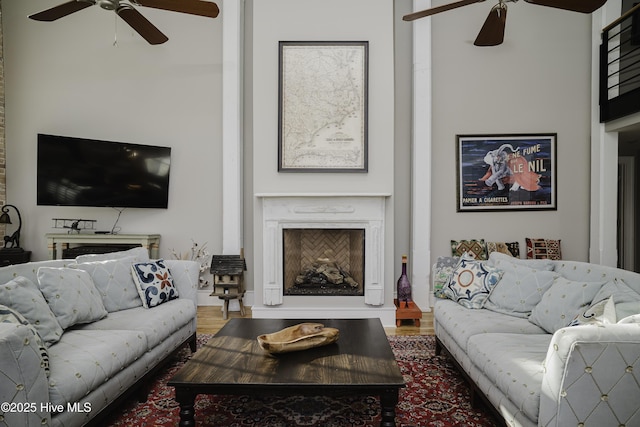 living room featuring ceiling fan and hardwood / wood-style flooring