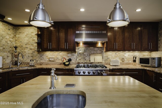 kitchen featuring tasteful backsplash, sink, light stone counters, and range hood