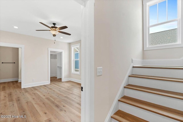 1665 Butterfly Knot Dr SW, Ocean Isle Beach, NC 28469 - stairs featuring wood finished floors, baseboards, a ceiling fan, and recessed lighting
