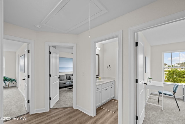 corridor with sink and light hardwood / wood-style flooring