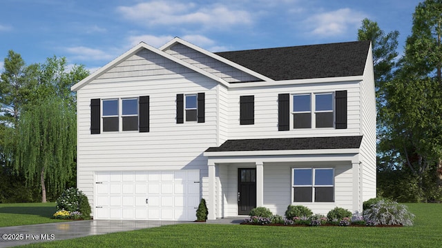 view of front of home featuring a garage and a front lawn