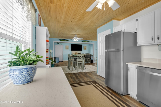 kitchen with wooden ceiling, dark hardwood / wood-style floors, white cabinets, and appliances with stainless steel finishes