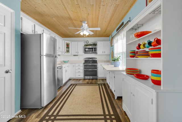 kitchen with wood ceiling, dark hardwood / wood-style floors, ceiling fan, stainless steel appliances, and white cabinets