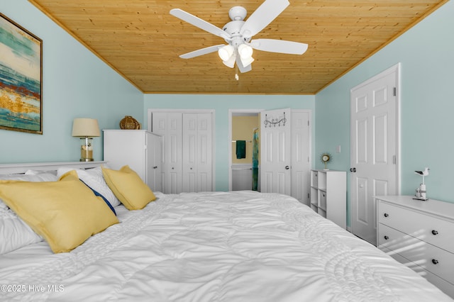 bedroom with ornamental molding, wooden ceiling, ceiling fan, and vaulted ceiling