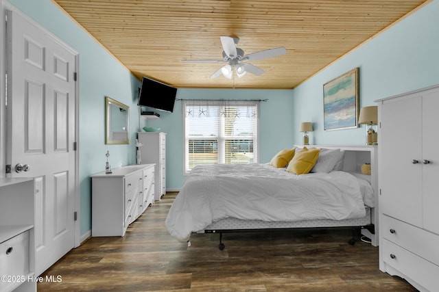 bedroom featuring wood ceiling, ceiling fan, and dark hardwood / wood-style flooring