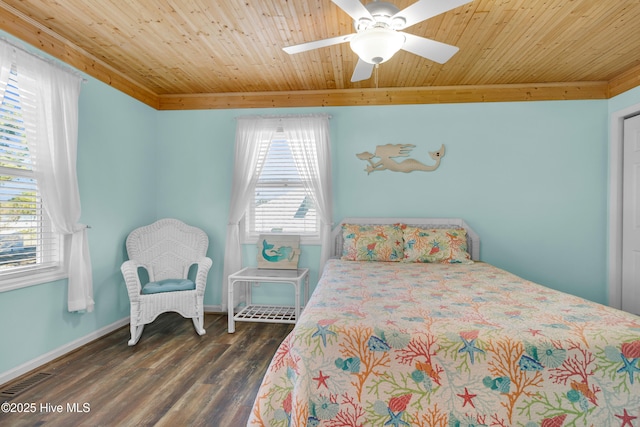 bedroom featuring wood ceiling, ceiling fan, and dark wood-type flooring