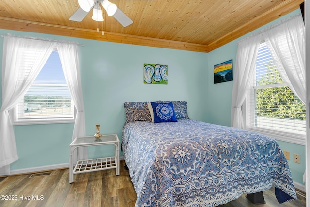 bedroom featuring hardwood / wood-style flooring, wooden ceiling, and ceiling fan