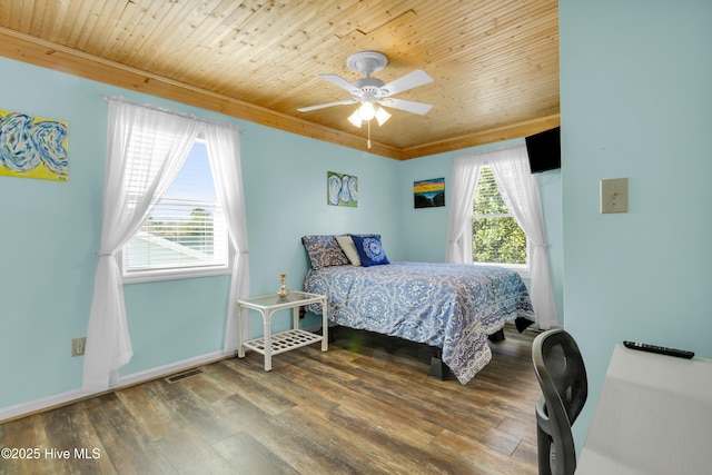 bedroom with multiple windows, ceiling fan, hardwood / wood-style floors, and wood ceiling