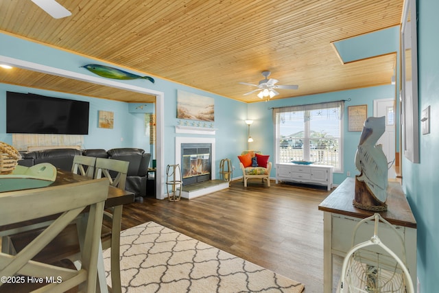 living room with wood ceiling, dark wood-type flooring, and ceiling fan