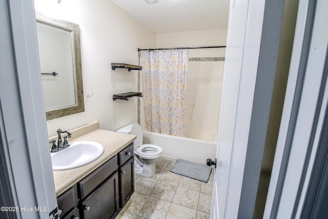 full bathroom featuring toilet, shower / tub combo, vanity, and tile patterned floors