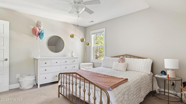 bedroom featuring ceiling fan, light colored carpet, and lofted ceiling