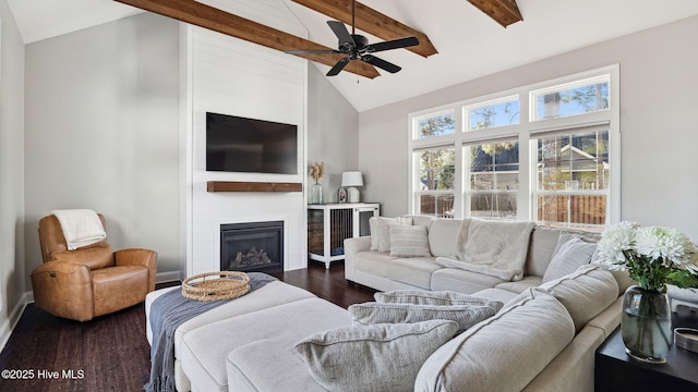 living room featuring beam ceiling, high vaulted ceiling, dark hardwood / wood-style flooring, ceiling fan, and a fireplace