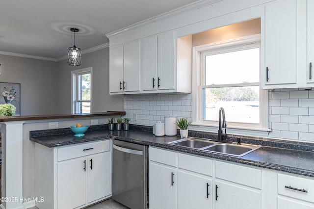 kitchen with white cabinetry, pendant lighting, and stainless steel dishwasher