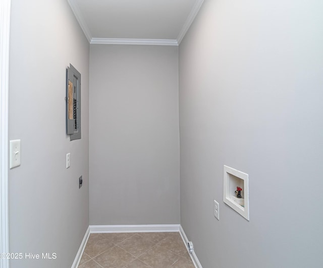 laundry room with ornamental molding, washer hookup, electric panel, light tile patterned floors, and hookup for an electric dryer