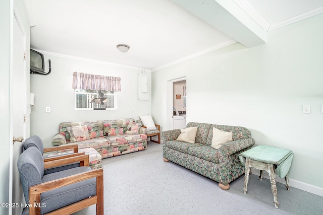 living room featuring crown molding