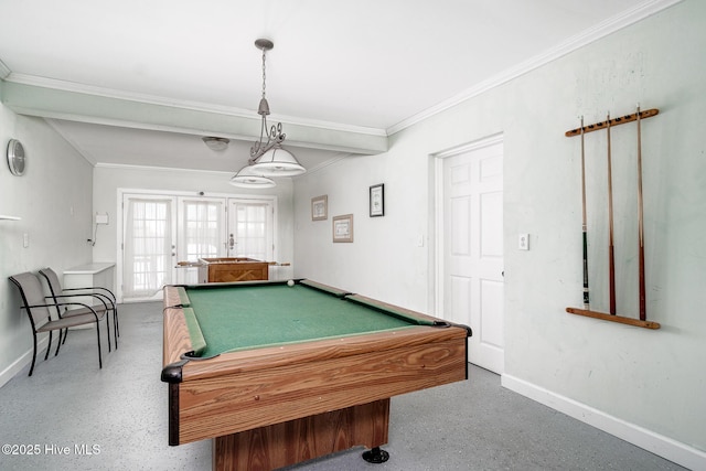 rec room with crown molding, pool table, and french doors