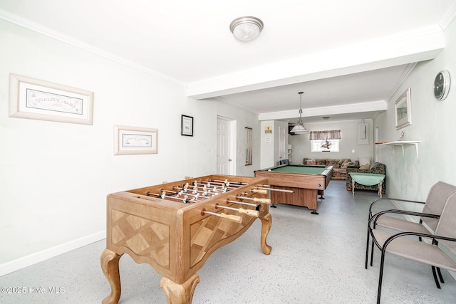 game room with billiards and ornamental molding