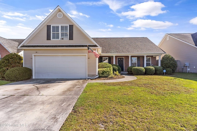 view of front property featuring a garage and a front lawn