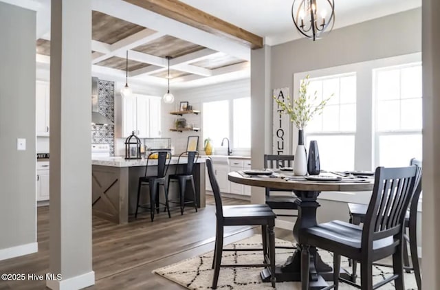 dining space with coffered ceiling, a notable chandelier, dark wood-type flooring, beam ceiling, and sink