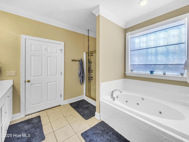 bathroom featuring ornamental molding, tile patterned floors, plus walk in shower, and vanity