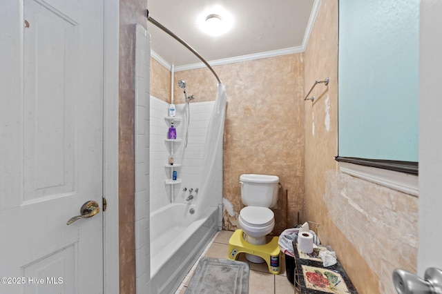 bathroom featuring crown molding, tile patterned floors, toilet, and shower / tub combo