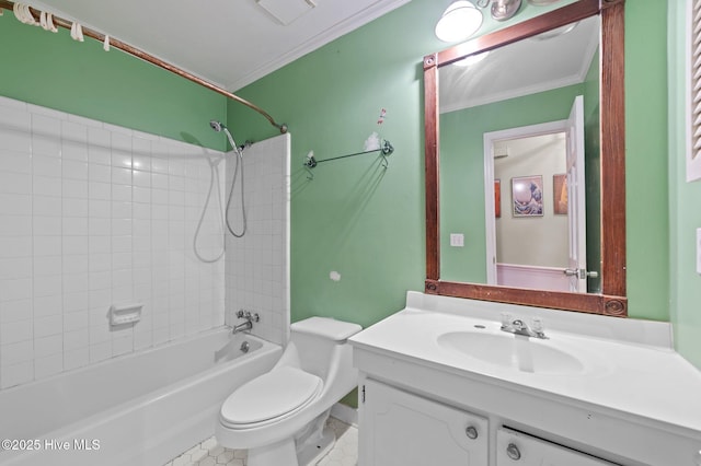 full bathroom featuring toilet, crown molding, shower / washtub combination, vanity, and tile patterned flooring