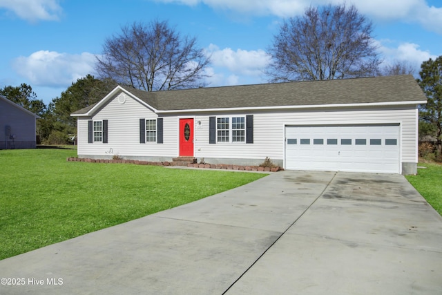 single story home featuring a garage and a front lawn