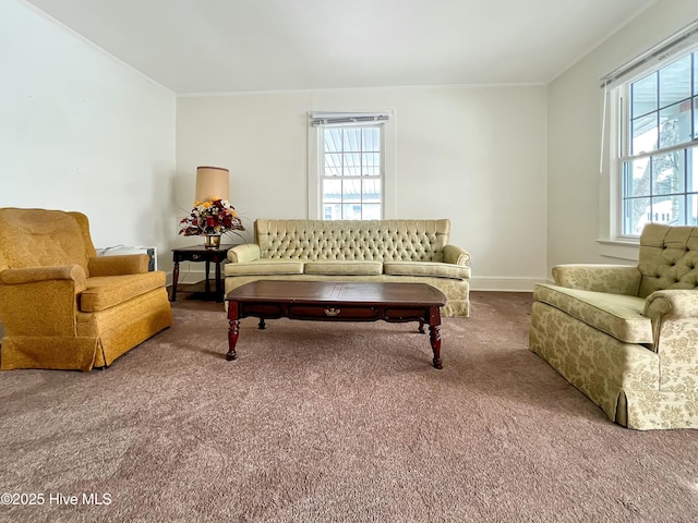 living room with carpet floors, ornamental molding, and plenty of natural light