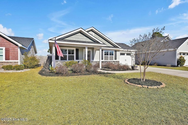 craftsman house with covered porch and a front lawn