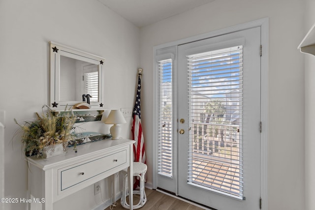 doorway to outside with light hardwood / wood-style flooring and a wealth of natural light