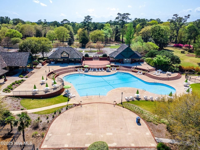 view of swimming pool featuring a patio area