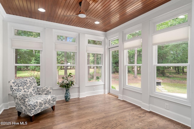 sunroom featuring wooden ceiling