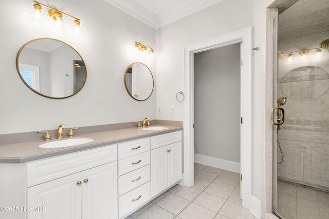 bathroom with tile patterned floors, walk in shower, ornamental molding, and vanity