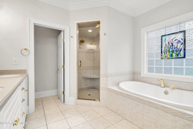 bathroom with vanity, crown molding, separate shower and tub, and tile patterned flooring