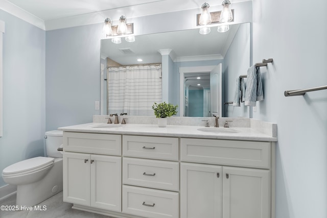 bathroom featuring walk in shower, toilet, crown molding, vanity, and tile patterned flooring