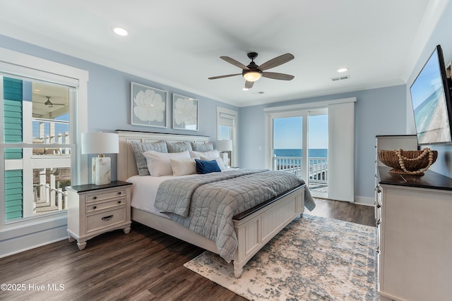 bedroom featuring dark wood-type flooring, access to outside, ornamental molding, and ceiling fan