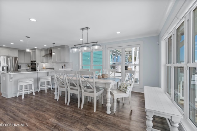 dining area with sink and dark hardwood / wood-style floors