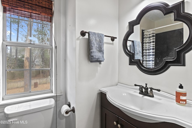 bathroom with vanity, walk in shower, and toilet