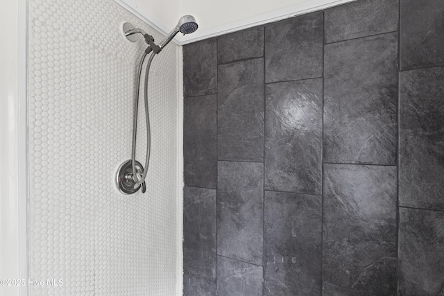 interior details featuring a tile shower