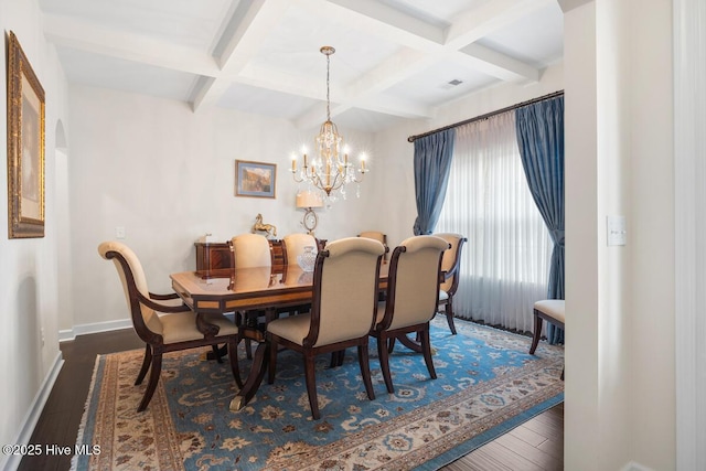 dining area with a chandelier, coffered ceiling, beamed ceiling, and dark hardwood / wood-style flooring