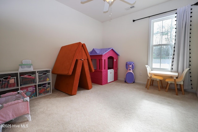 recreation room featuring ceiling fan and light carpet