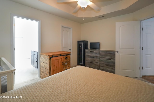 bedroom with a raised ceiling and ceiling fan