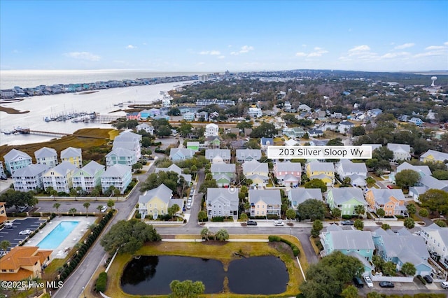 drone / aerial view featuring a water view