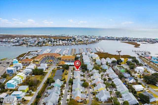 drone / aerial view featuring a water view