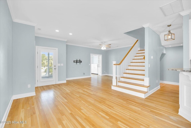 unfurnished living room featuring ceiling fan, light hardwood / wood-style flooring, and crown molding