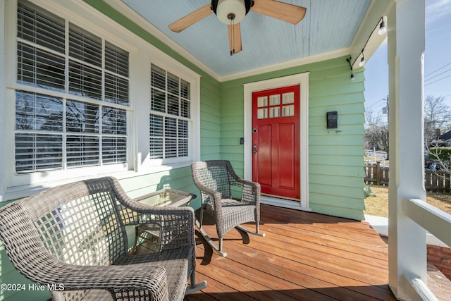 exterior space featuring ceiling fan and covered porch