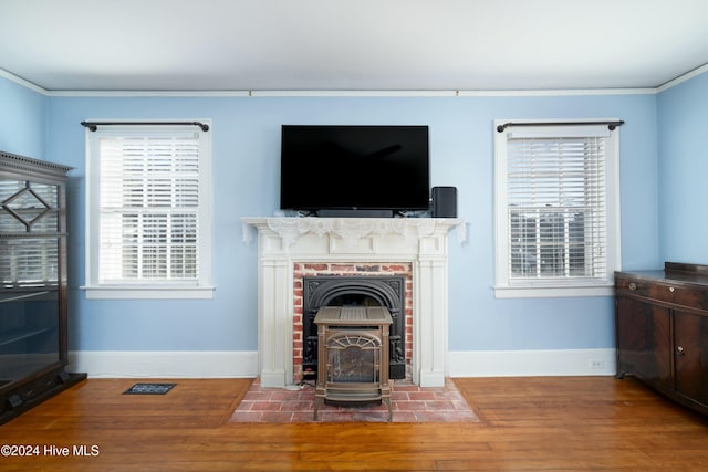 living room with crown molding and wood-type flooring