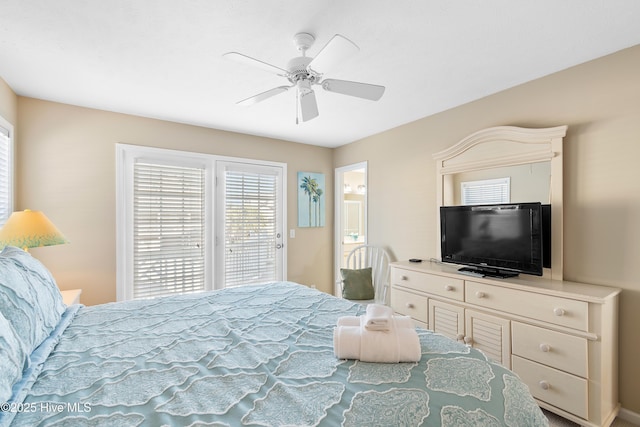 bedroom featuring ceiling fan and ensuite bathroom